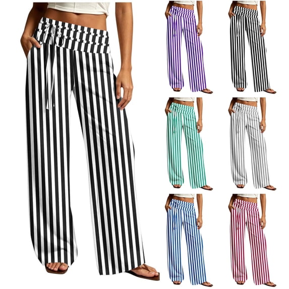 Casual Pants for Women Fashion Striped Drawstring Elastic High Waist Wide Leg Pants with Pockets Loose Fit Comfortable Casual Palazzo Trousers