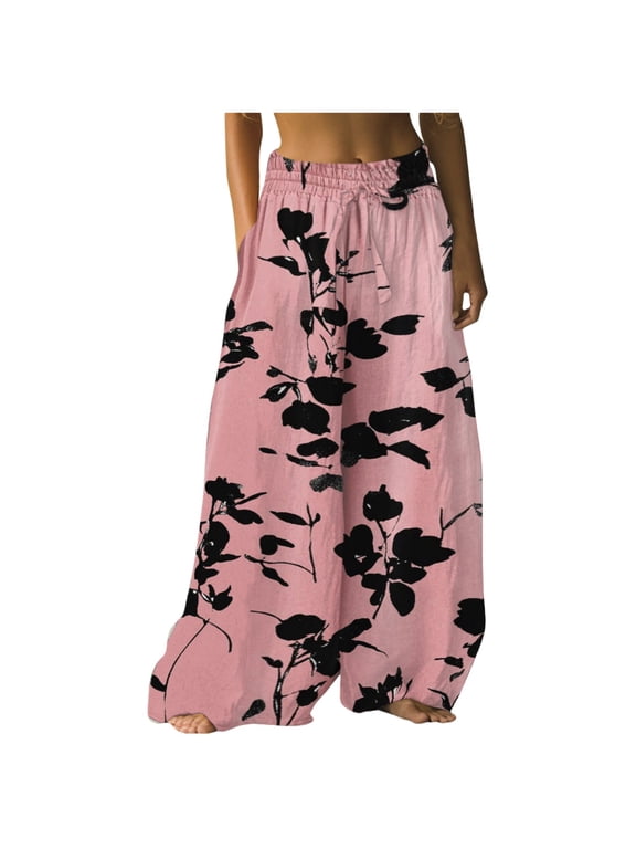 Casual Pants for Women Flowy High Waisted Floral Boho Wide Leg Summer Beach Dress Trousers with Pockets
