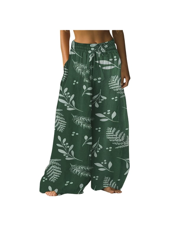Casual Pants for Women Flowy High Waisted Floral Boho Wide Leg Summer Beach Dress Trousers with Pockets