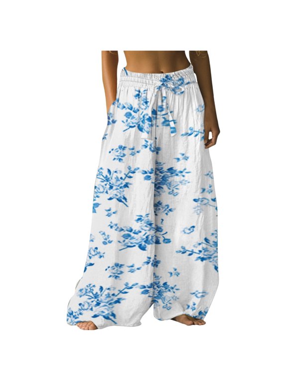 Casual Pants for Women Flowy High Waisted Floral Boho Wide Leg Summer Beach Dress Trousers with Pockets