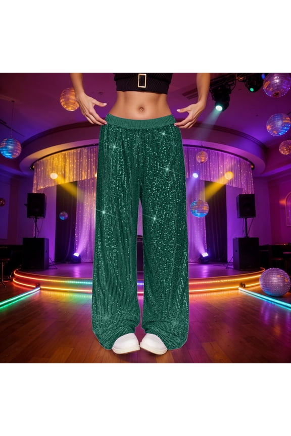 Casual Pants for Women Glitter Solid High Waist Wide Leg Pants with Sequins for Party Women Slacks Green M