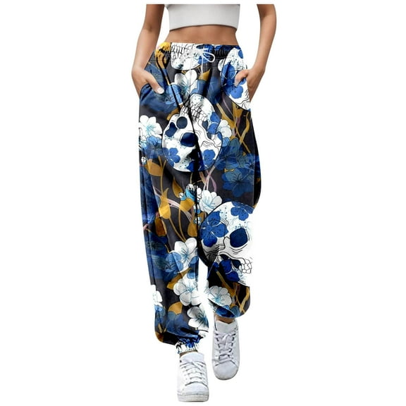 Casual Pants for Women Festival With0Pockets Drawstring Sweatpants Cartoon Printed Blue Loose Pants for Women XXL
