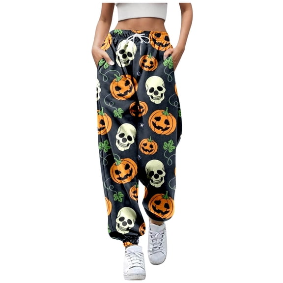Casual Pants for Women Festival With0Pockets Drawstring Sweatpants Cartoon Printed Orange Womens Trousers XXL