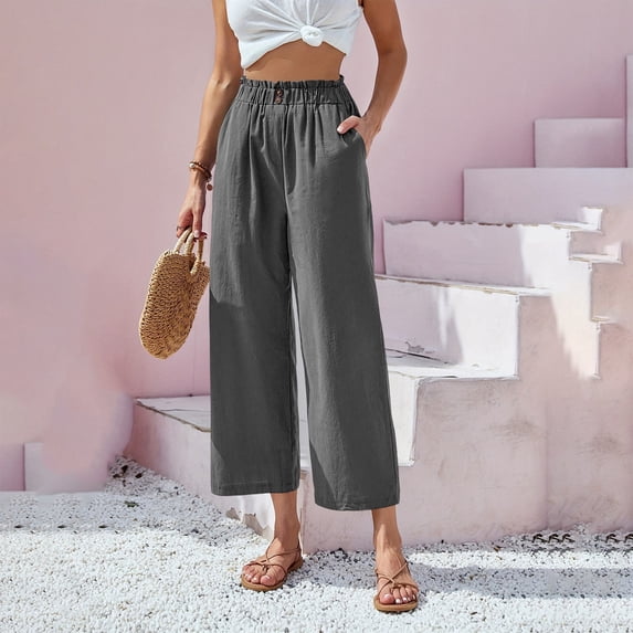 Casual Pants for Women High Waist Casual Straight Leg Cropped Trousers with Elastic Scalloped Hem Comfortable Linen Blend Women Slacks