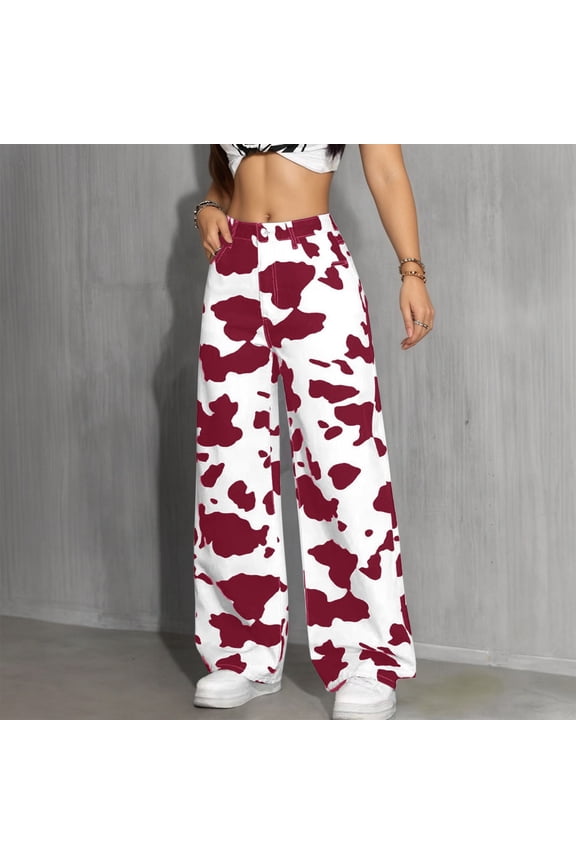 Casual Pants for Women High Waist Wide Leg Trousers Cow Print Straight Retro Y2k Denim Style Comfortable Womens Slacks S