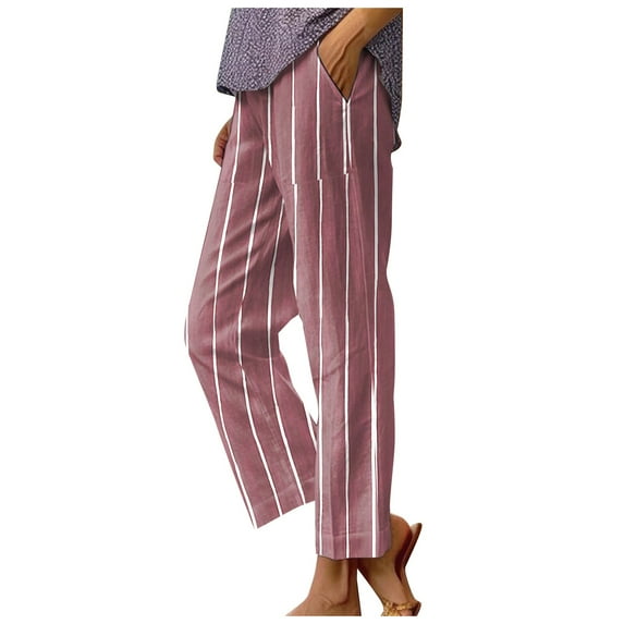 Casual Pants for Women Ladies Striped Pocketed Straight Tube Loose Stretch Yoga Color Contrast Long Pant Womens Slacks Pink M