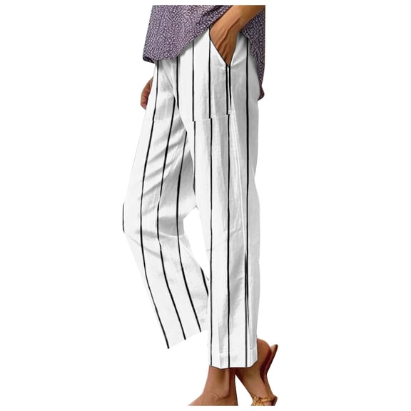 Casual Pants for Women Ladies Striped Pocketed Straight Tube Loose Stretch Yoga Color Contrast Long Pant Womens Slacks White M