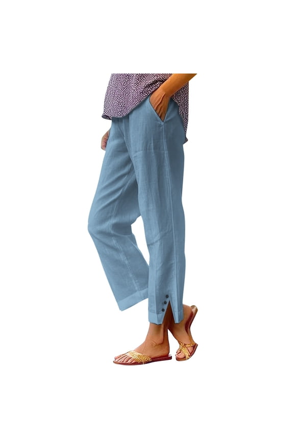 Casual Pants for Women Long Drawstring Split Leg Basic Tone Elastic Waist Cotton Casual Pants