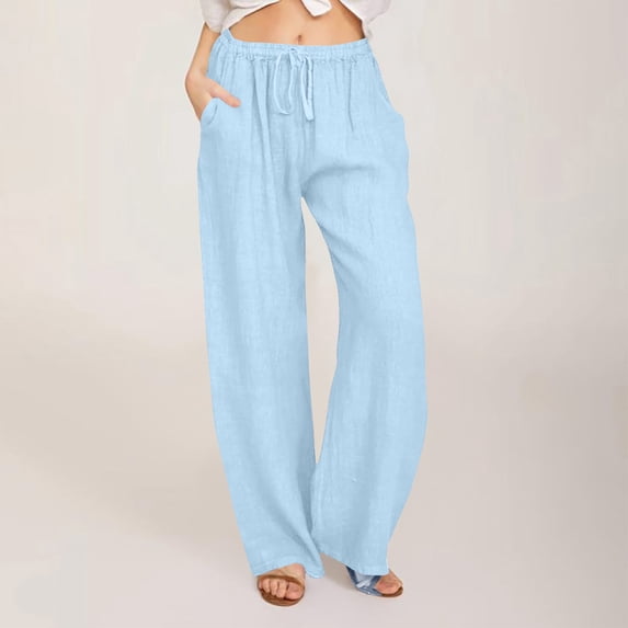 Casual Pants for Women Loose Elastic High Waisted Drawstring Wide Leg Pants with Pockets Light Blue S