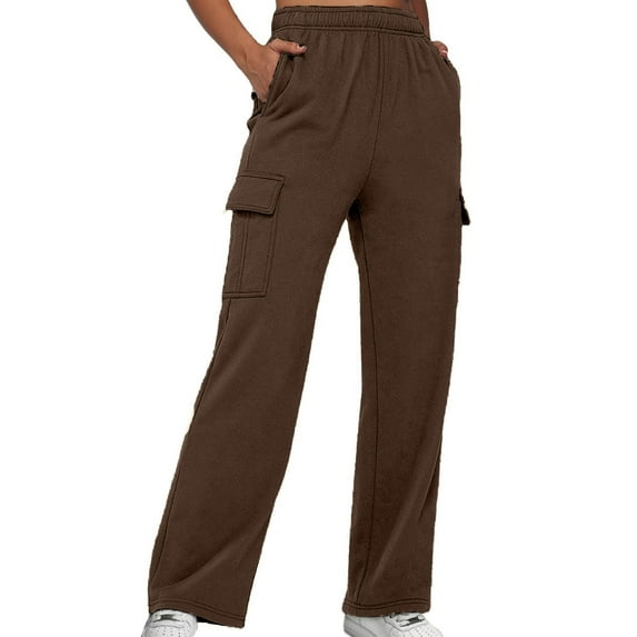 Casual Pants for Women Loose Fit Straight Leg Mid Elastic Waist Polyester Pants with Pockets ,Coffee