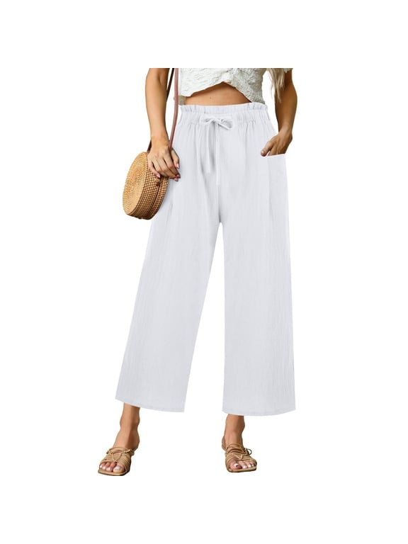 Casual Pants for Women Loose High Waist Pocket Wide Leg Linen Beach Harem Casual Pants