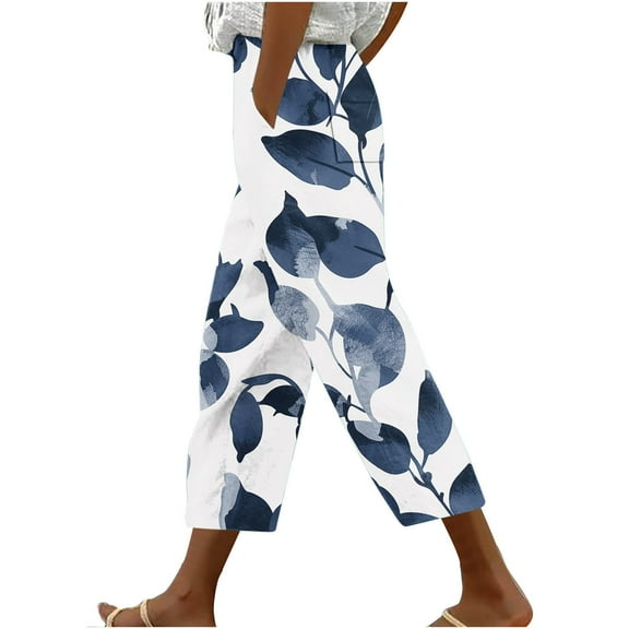 Casual Pants for Women Loose Leaves Print Harem Hem Trousers with Pocket Tie Waist High Rise Baggy Lounge Bottoms, Blue, L