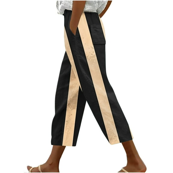 Casual Pants for Women Loose Strip Print Harem Hem Trousers with Pocket Tie Waist High Rise Baggy Lounge Bottoms, Black, XL