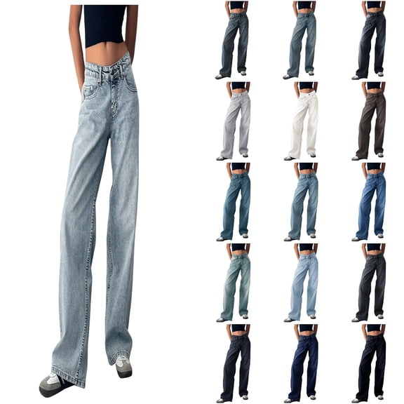 Casual Pants for Women Low Rise Baggy Jeans Wide Leg Trendy Stretch Long Denim Pants Dark Blue Womens Trousers M