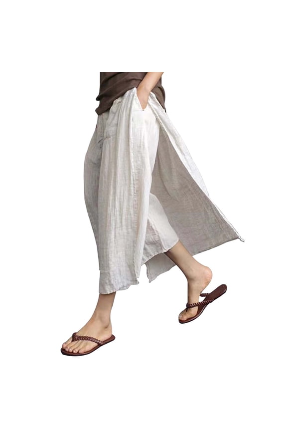 Casual Pants for Women Retro Boho Linen Blend Loose High Slit Lazy Fit Two Piece Culottes Lightweight Breathable White M