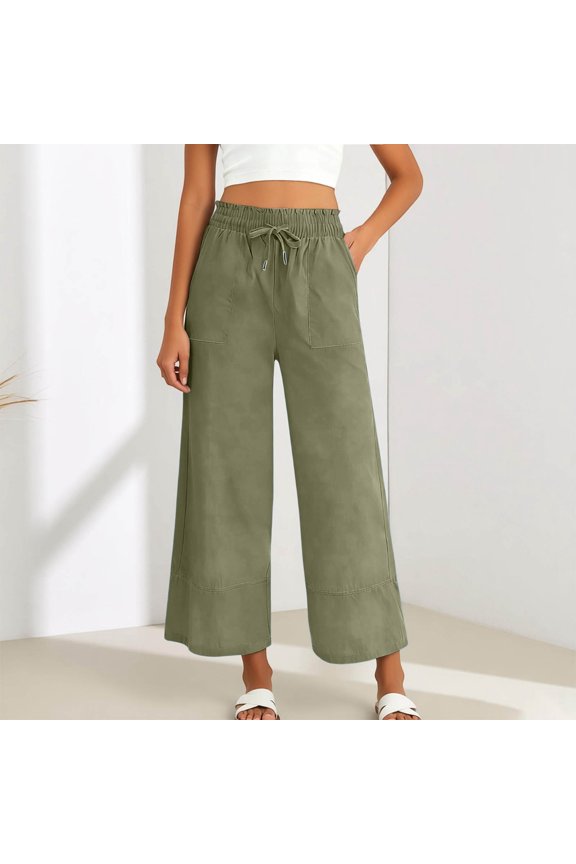 Casual Pants for Women Solid Color Blend Trousers with Elastic Waist Drawstring Loose Everyday Wear Womens Slacks Army Green L