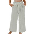thumbnail image 1 of Casual Pants for Women Striped Elastic Drawstring Waist Straight Wide Leg Pants with Pockets, 1 of 5