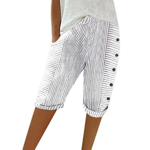 Casual Pants for Women Striped Panel Loose Drawstring Pocket High Waist Five Point Gray Trousers Pants for Women M