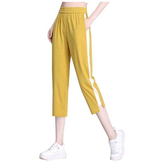 Casual Pants for Women Summer Capri Pants Contrast Slim Fit Sporty Cropped Harem Lightweight Trousers Womens Sweat Pants Yellow L