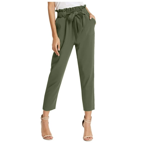 Casual Pants for Women Summer Casual Solid Color High Waist Pants Self Tie Belted Pencil Trouser Sweat Pants for Womens Army Green L