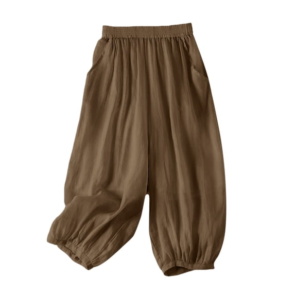 Casual Pants for Women Summer Fashion Plain Color Cotton Linen Elastic Seven Length Beach Casual Pants