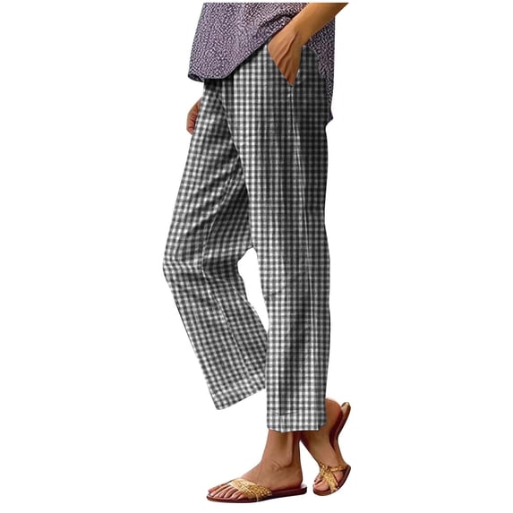 Casual Pants for Women Trendy Loose Elastic Waist Plaid Linen Summer Sweatpants with Pockets