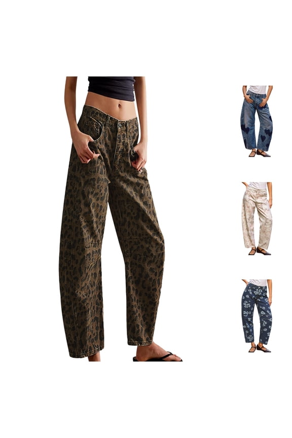 Casual Pants for Women Tube Shaped Jeans Leopard Print Denim Ankle Long Pants Jeans Gold Womens Trousers XL