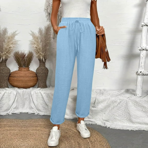 Casual Pants for Women, Women's Fashion Casual Solid Color Pants Pocket Elastic Waist Strap Trousers Women High Waisted Pants (Blue,L)
