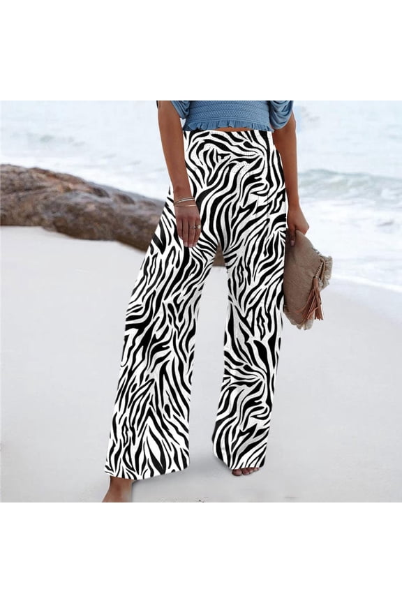 Casual Pants for Women Zebra Print Elastic High Waist Wide Leg Pants Leisure with Pocket Slacks for Women White L