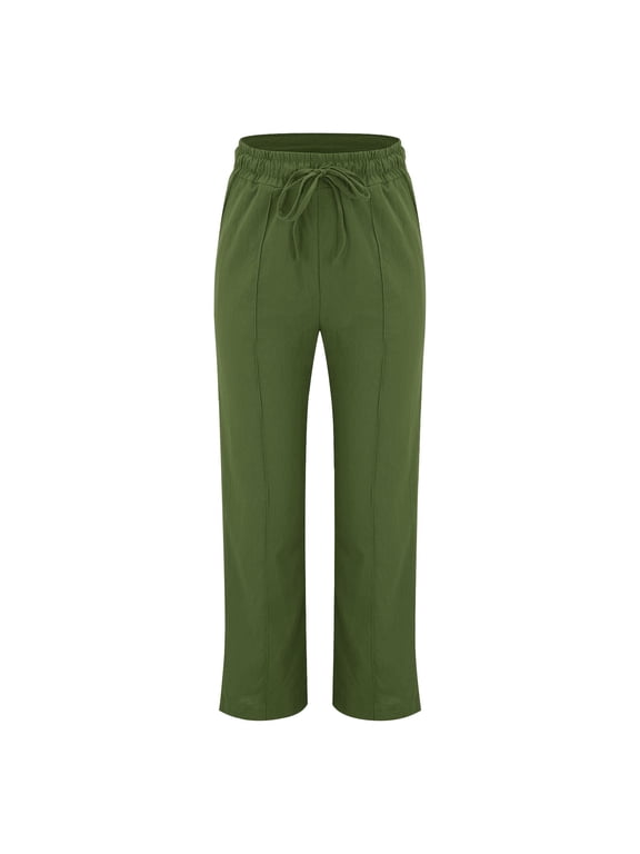 Casual Pants for Women trendy Elastic Waist Straight Wide Leg Cotton Linen Style Casual Trousers with Pockets