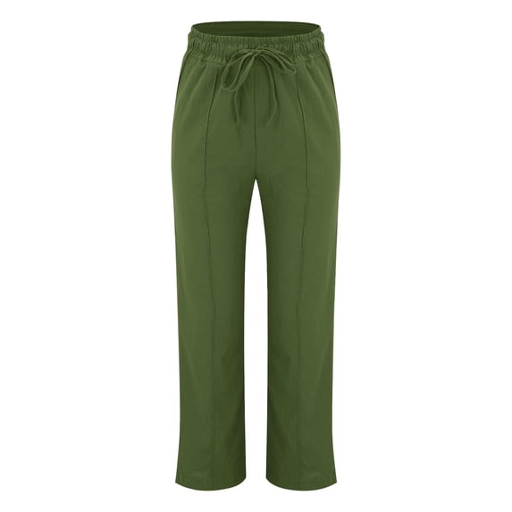 Casual Pants for Women trendy Elastic Waist Straight Wide Leg Cotton Linen Style Casual Trousers with Pockets
