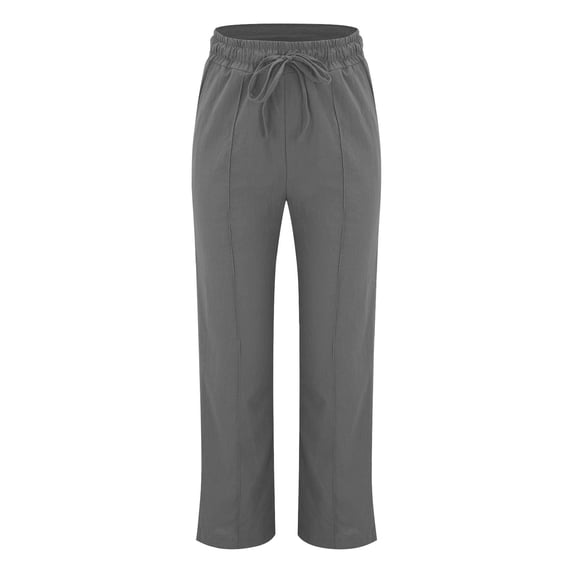 Casual Pants for Women trendy Elastic Waist Straight Wide Leg Cotton Linen Style Casual Trousers with Pockets