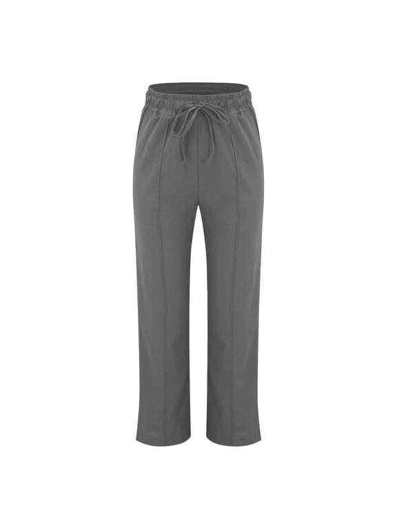 Casual Pants for Women trendy Elastic Waist Straight Wide Leg Cotton Linen Style Casual Trousers with Pockets