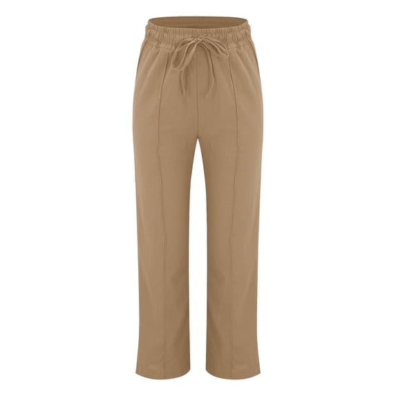 Casual Pants for Women trendy Elastic Waist Straight Wide Leg Cotton Linen Style Casual Trousers with Pockets