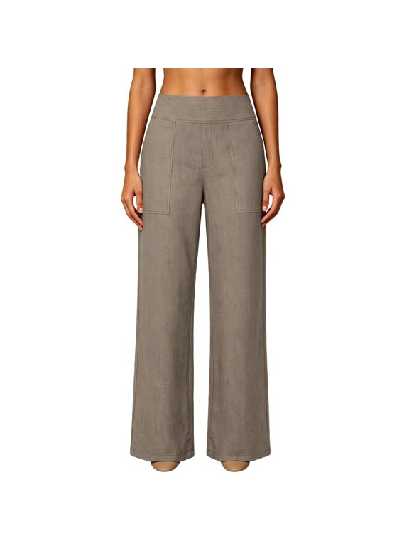 Casual Pants for Women trendy Elastic Wide Leg Lightweight Cropped Cotton Linen Style Culottes with Side Pockets Summer Casual Trousers