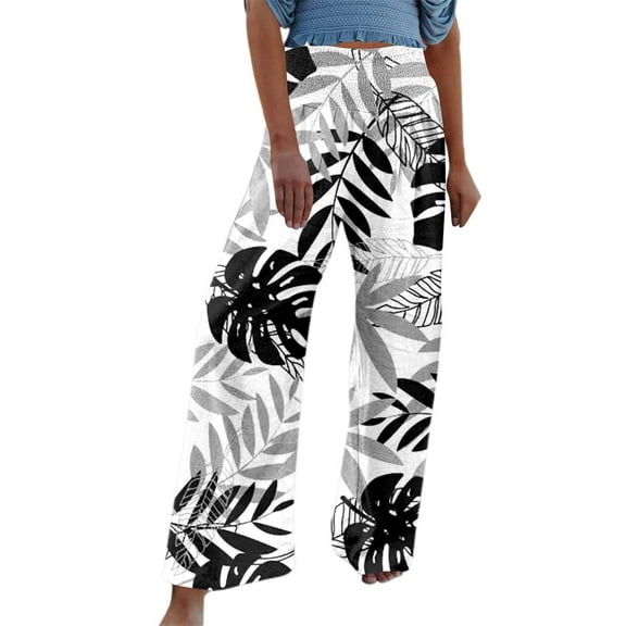 Casual Pants for Women with Pockets Long High Waist Summer Print Wide Leg Leisurely Elastic White Loose Pants Womens M