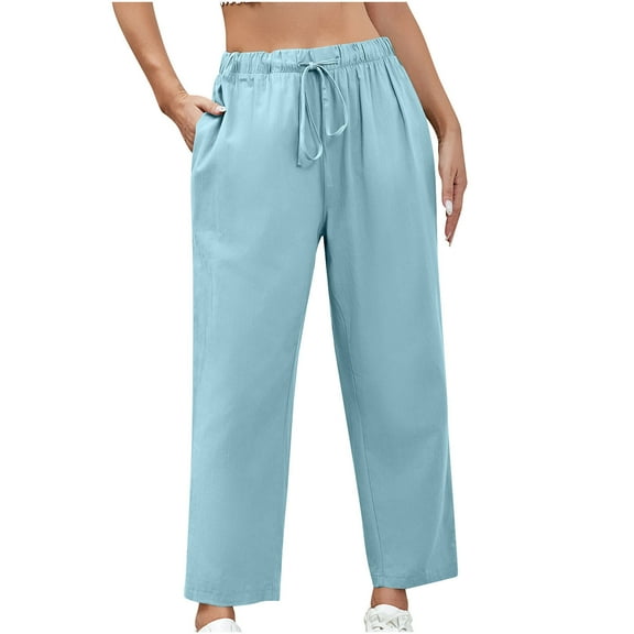 Casual Pants for Womens Cotton and Linen Plus Size Drawstring Elastic Linen Casual Cropped Pants Solid Color Trousers Clearance Under 5$!
