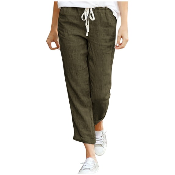Casual Pants for Womens Cotton and Linen Plus Size Drawstring Elastic Waist Linen Nine-quarter Pants