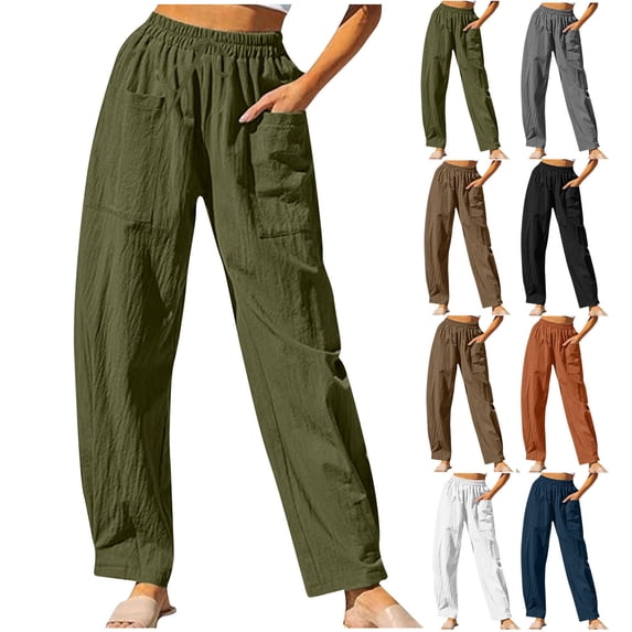 Casual Pants for Womens Cotton and Linen Plus Size Imitation Solid Color Drawstring Elastic Waistband Pocket Pants