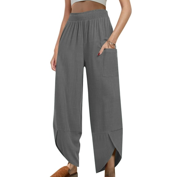 Casual Pants for Womens Cotton and Linen Plus Size Solid Color Elastic Waist Irregular Pants With Pockets At The Bottom Of The Pants Save to 65% off!