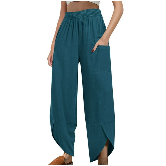 Casual Pants for Womens Cotton and Linen Plus Size Solid Color Elastic Waist Irregular Pants With Pockets At The Bottom Of The Pants Save to 65% off!