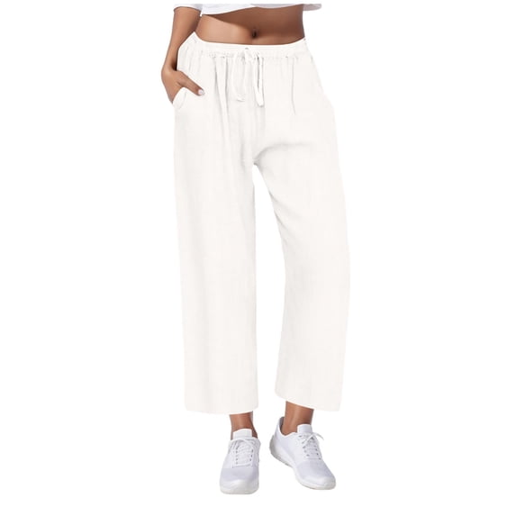 Casual Pants for Womens Cotton and Linen Plus Size Solid Color Elastic Waist Pocket High Waist Strap Home Pants