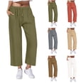 thumbnail image 1 of Casual Pants for Womens Cotton and Linen Plus Size Solid Color Elastic Waist Pocket High Waist Strap Home Pants Save to 65% off!, 1 of 6