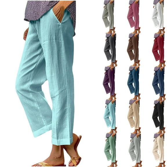 Casual Pants for Womens Cotton and Linen Plus Size Solid Color Elastic Waist Versatile Straight Tube Casual Wide Leg Pants