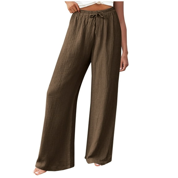Casual Pants for Womens Cotton and Linen Plus Size Summer Solid Color Elastic Waist Cotton Linen Casual Wide Leg Pants Save to 65% off!