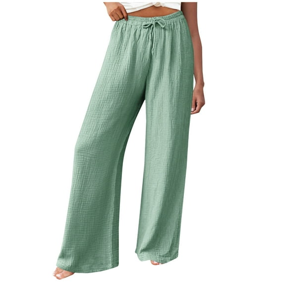 Casual Pants for Womens Cotton and Linen Plus Size Summer Solid Color Elastic Waist Cotton Linen Casual Wide Leg Pants Save to 65% off!