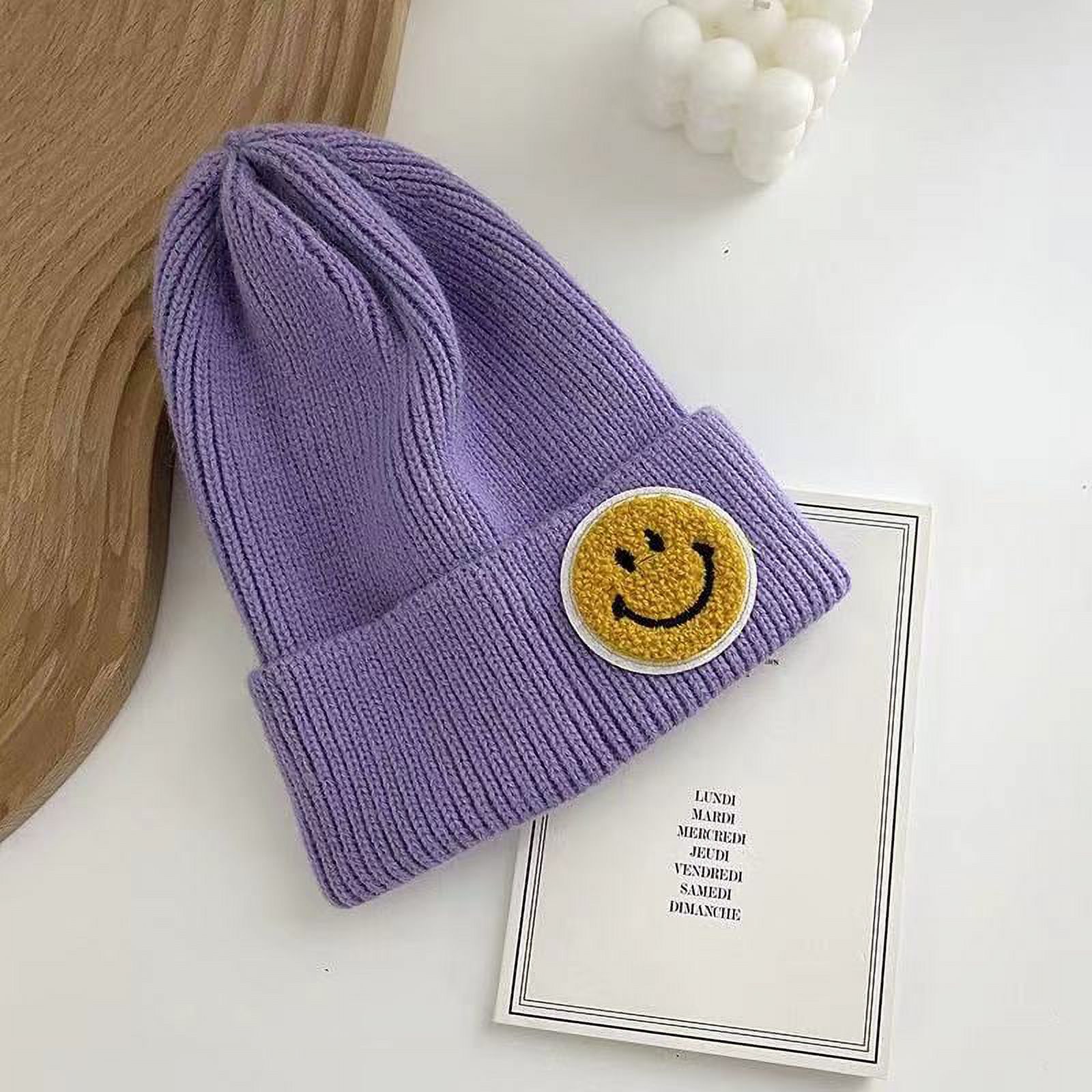 Casual Pastel Tones Yellow Smily Face Beanie (PURPLE)
