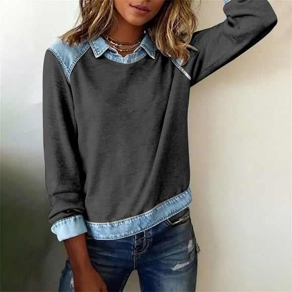 Casual Patchwork Long-Sleeve Lapel Collar Top Sweater with Denim Collar Lapel Collar Long-Sleeve Knit Pullover for Women Sweater with Denim Collar and Cuffs Sweater with Denim Trim