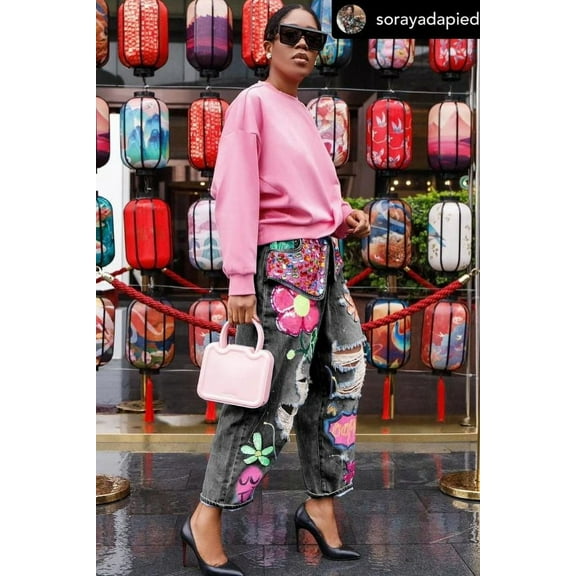 Casual Patchwork Print Pants Streetwear (L, Black)