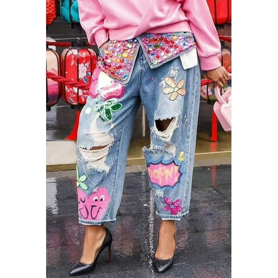 Casual Patchwork Print Pants Streetwear (L, Blue)